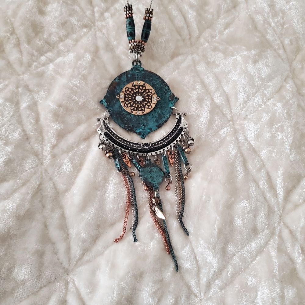 Fashion Jewelry Tribal Bohemian Blue & Silver Tone Dream Catcher Necklace
